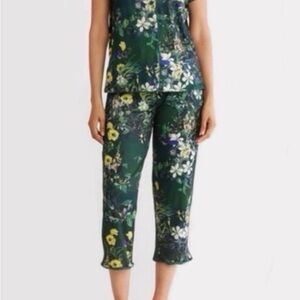 Floral Satin Two-Piece Set in Dark Green & Yellow